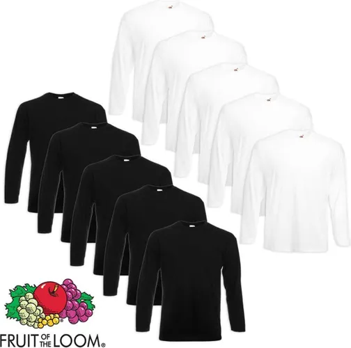 10 Fruit of the Loom Value Weight Longsleeve T-shirt wit/zwart L