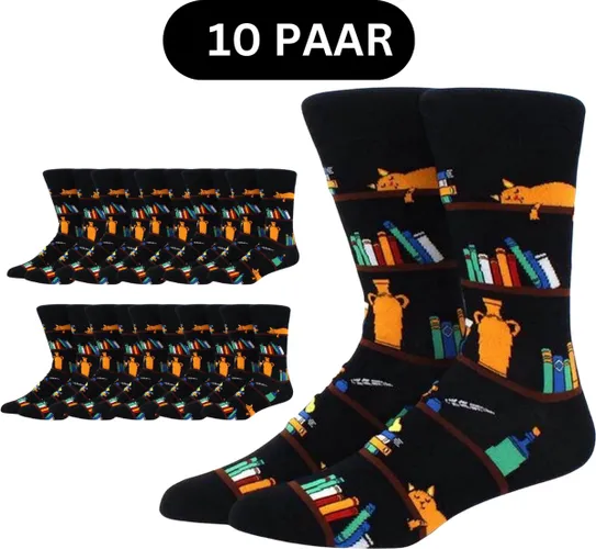 10 paar Boekenkast Sokken - Grappige sokken voor de boekenwurm of schrijver - Boeken, lezer, kat, inkt - Dames/heren