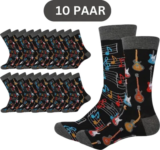 10 paar sokken met Gitaren en Muzieknoten - Gitaar en muziek sokken heren/dames