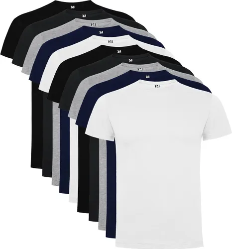 10 Pack Roly Dogo Heren T-Shirt 100% katoen Ronde hals Zwart, Donker Blauw, Donker Grijs / Lichtgrijs gemeleerd, wit