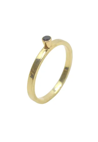 14 karaat geel gouden ring, hoogglans gepolijst 2mm breed met op de ring een gouden conische zetkast met een buitenmaat van 2,8mm waarin een zwarte di...