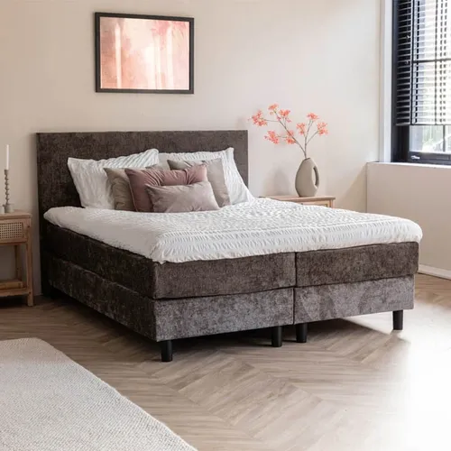 2-Persoons Boxspring Julia - Animal Fur - 180 x 200 cm - Taupe 180x200 cm - Pocketvering - Inclusief Topper
