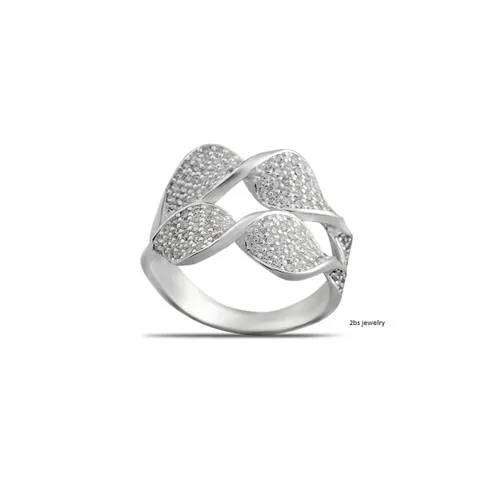 2bs jewelry dames ring, dubbele rij bladontwerp 925 sterling zilveren damesring, bedekt met Zirkonia, handmade