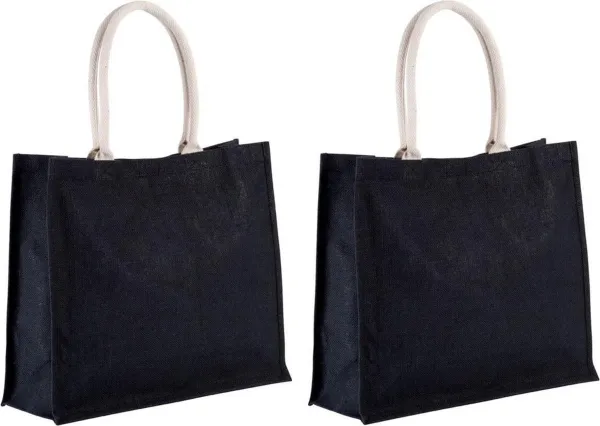 2x stuks jute zwarte boodschappen strandtassen van 42 cm - Strandartikelen beach bags/shoppers