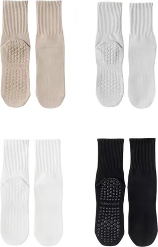 4 Paar - Dames Antislip Sokken - Yoga Sport sokken - Beige Lichtgrijs Effen