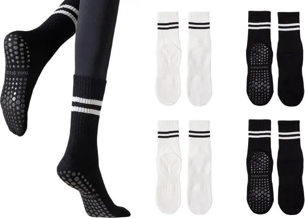 4 Paar - Dames Meisjes Antislip Sokken - Wit/ Zwart - Yoga Sport sokken