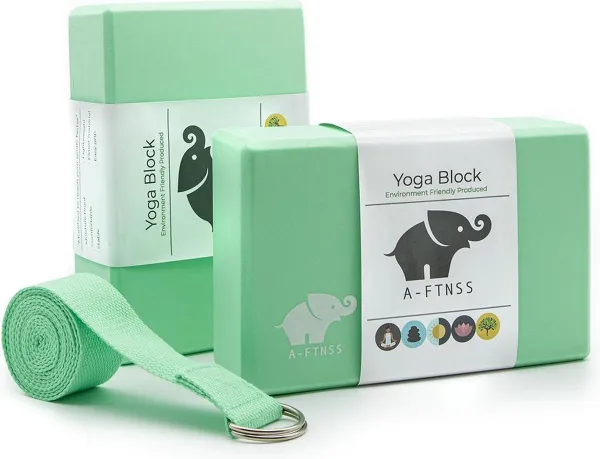 A-FTNSS Yoga Blokken Set Mint Groen + Gratis Yoga Riem | EVA Foam | 2 Yoga Blokken | (22.7x12x7.5 cm)