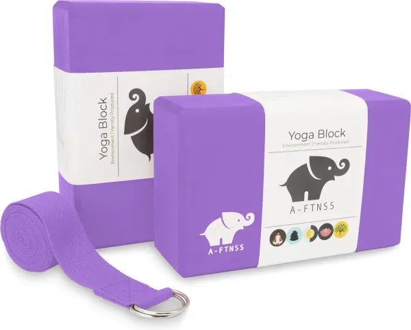 A-FTNSS Yoga Blokken Set Paars + Gratis Yoga Riem | EVA Foam | 2 Yoga Blokken (22.7x12x7.5 cm)