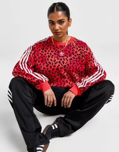 adidas Originals 3-Stripes Leopard Boxy Crew Sweatshirt, Bright Red