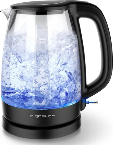 Aigostar Adam 30GOM - Glazen waterkoker - LED verlichting - 1,7 Liter - 2200W - Glas - 360° draaibaar - Zwart