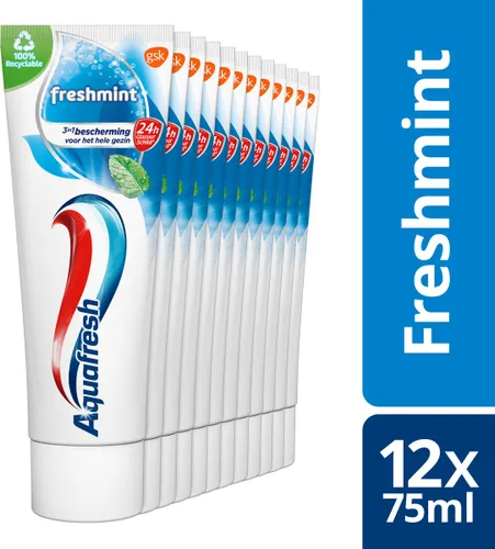 Aquafresh - Freshmint - 3in1 Tandpasta - Voor een frisse adem - Voordeelverpakking 12 x 75ml, recyclebare plastic tube en dop