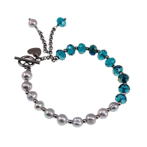 Armband Dames - Grijsblauwe Kristal - Zoetwaterparels Design - RVS - Kralenarmband met T-sluiting