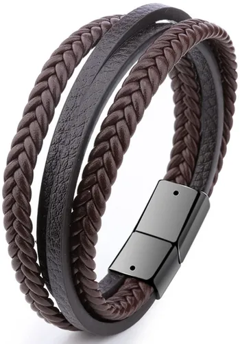 Armband Heren - Bruin Leer met Zwarte Sluiting - Dubbele Vlecht - Armbanden - Cadeau voor Man - Mannen Cadeautjes