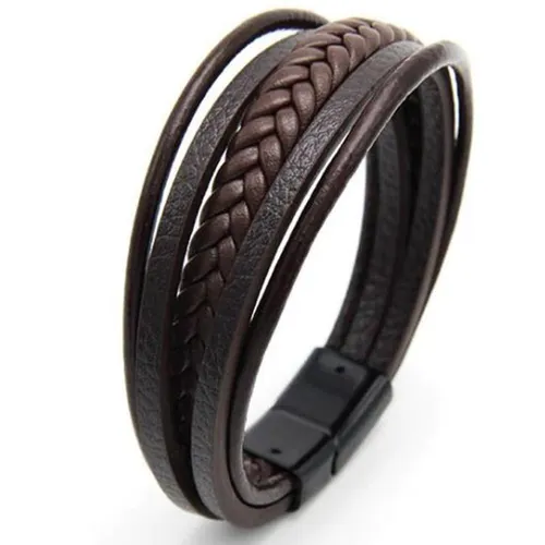 Armband Heren - Bruin Leer met Zwarte Sluiting - Leren Armbanden - Cadeau voor Man - Mannen Cadeautjes