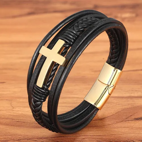 Armband Heren - Zwart Leer met Goud kleurig Kruis - 21cm - Leren Armbanden - Cadeau voor Man - Mannen Cadeautjes
