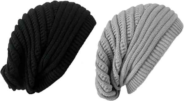 ASTRADAVI Slouchy Beanie Hats - Muts - Warme Unisex Skimutsen Hoofddeksels - 2 Stuks Winter Slouchy Mutsen - Zwart, Grijs