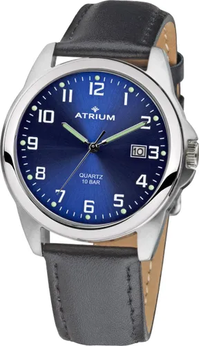 ATRIUM Horloge - Heren - 10 bar Waterdicht - Donkerblauw / Zilver - Edelstaal - Zwarte Leren Polsband (16-21 cm.) - Datumvermelding - Quartz Uurwerk -...