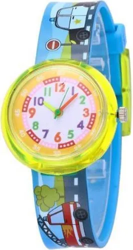 Auto/ brandweerauto - kinderhorloge/ peuter horloge - educatief horloge- jongens - blauw/geel - 30 mm - I-deLuxe verpakking