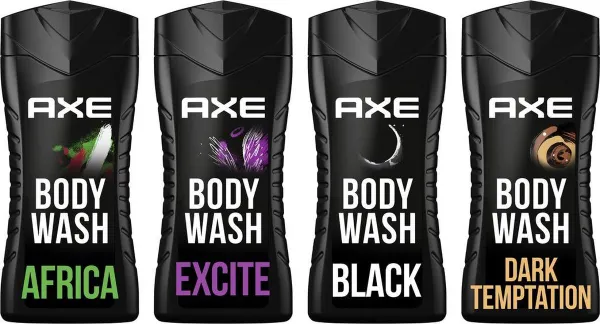 AXE 3-in-1 Douchegels - Africa + Black + Dark Temptation + Excite - vier onweerstaanbare geuren samen in een voordeelverpakking - 4 x 250 ml