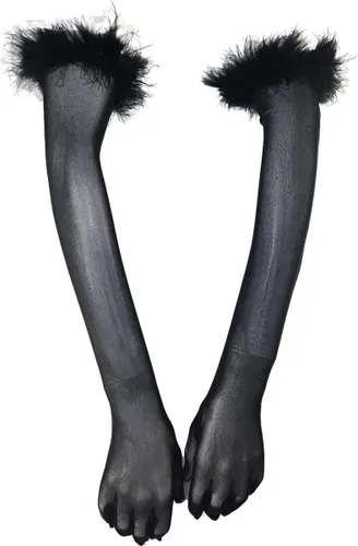 BamBella® - Lange Handschoenen Zwart veren - Sexy panty stof handschoenen dames