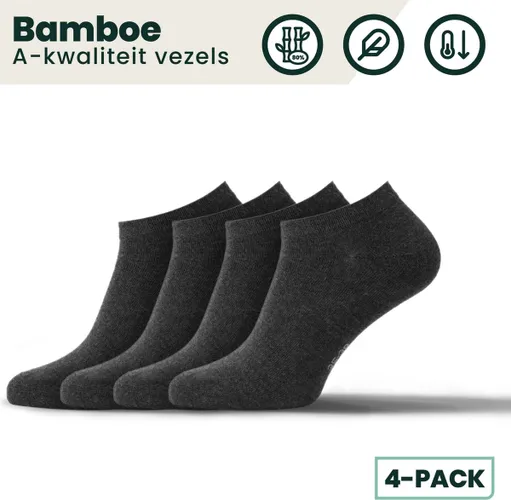 Bamboe Sneakersokken | Bamboe Enkelsokken | Bamboe Sokken | Anti-zweet Sokken | Naadloze Sokken | 4 Paar - Antraciet |