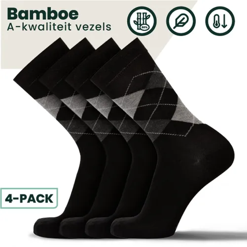 Bamboe Sokken | Geruite Sokken | Anti-zweet Sokken | Naadloze Sokken | Heren Sokken | Dames Sokken | 4 Paar - Zwart |