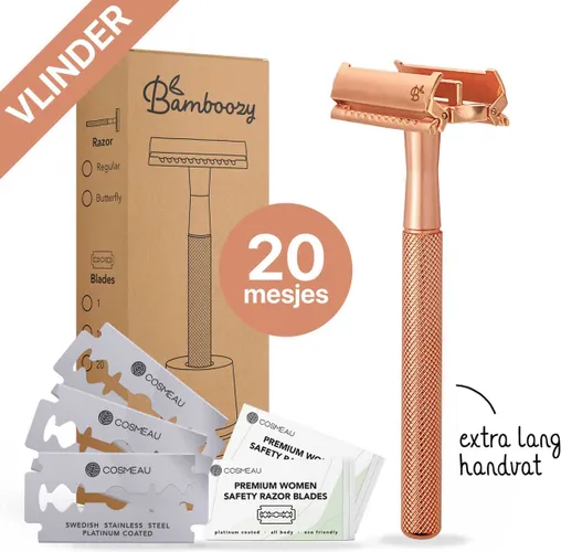 Bamboozy Safety Razor Vlindersluiting RVS + 20 scheermesjes Rose Gold voor vrouwen dames Double Edge Zero Waste Scheren