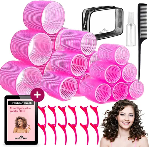 BeautyFit® - Heatless Haarkruller 39 delig roze + Opbergtas - Inclusief E-book - Mist sprayer - Haarkam - Satijnen Haarkruller - Haarrollers - Krulspe...