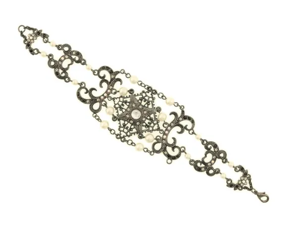 Behave Dames vintage barrok armband zilver-kleur met parels en steentjes 21 cm