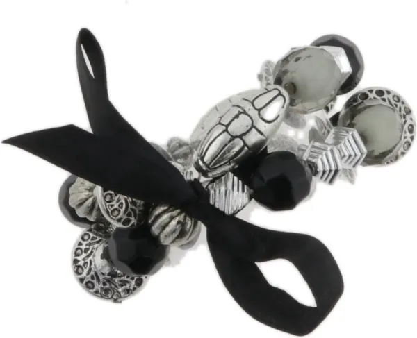 Behave Kralenarmband - elastische armband - zwart - met kralen en strik - 15.5 cm