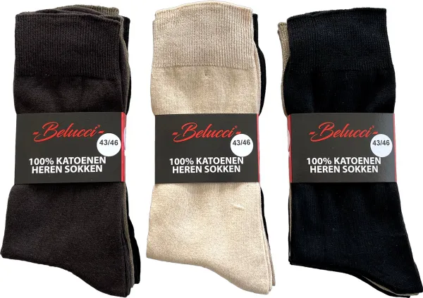 Belucci 100% katoenen heren sokken set van 9 paar assorti kleuren bruin en zwart