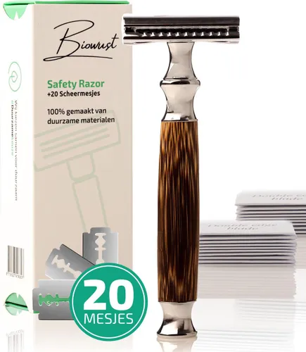 Biowust Safety Razor + 20 Scheermesjes - Voor Mannen & Vrouwen - Zero Waste - Bamboe
