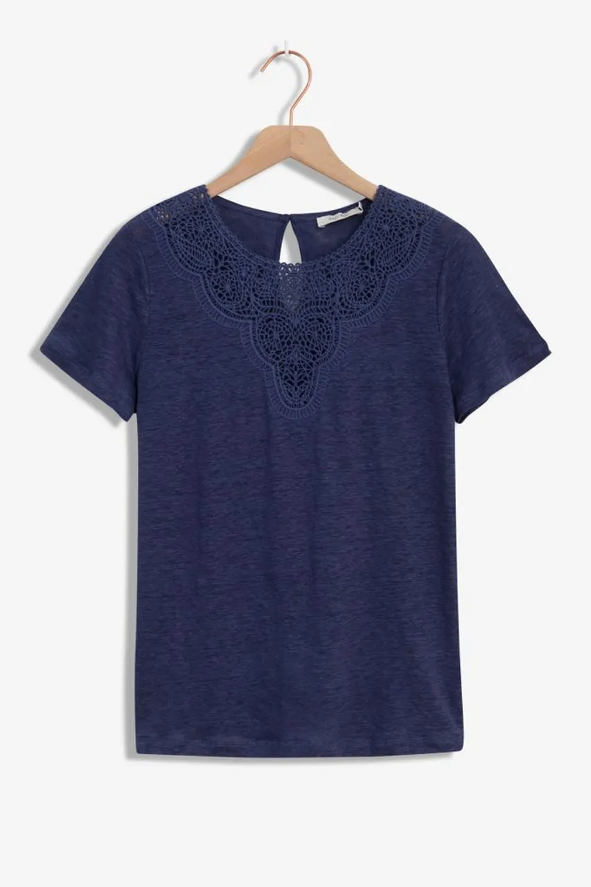 Blauw Linnen T-shirt Met Borduursel