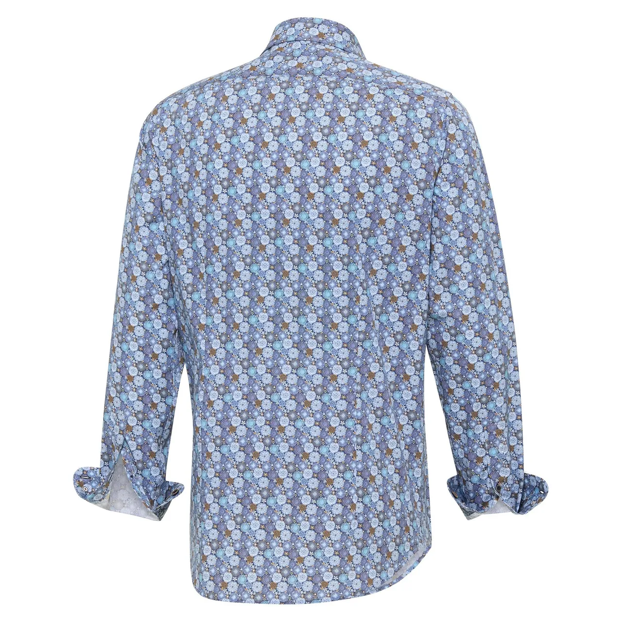 Blue Industry Overhemd poplin stretch, blauw bruin motief geprint