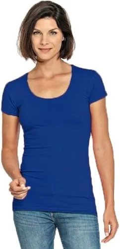 Bodyfit dames t-shirt blauw met ronde hals - Dameskleding basic shirts