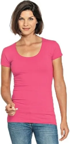 Bodyfit dames t-shirt fuchsia roze met ronde hals - Dameskleding basic shirts
