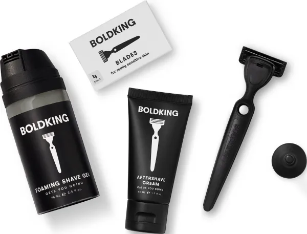 Boldking The Start Pack voor zeer gevoelige huid - houder + 4 mesjes + Foaming Shave Gel + Aftershave Cream