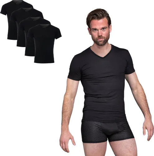 BOXR Underwear - Bamboe T-Shirt Heren - V-Hals - Zwart - Zijdezacht - Thermo Control - Ondershirt Heren - 4-Pack