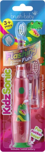 Brush-Baby | KidzSonic | Electrische Tandenborstel (vanaf 3 jaar) | Disco licht | Timer & Pulse | Dino | Rood | Incl. 2 opzetborstels en batterij