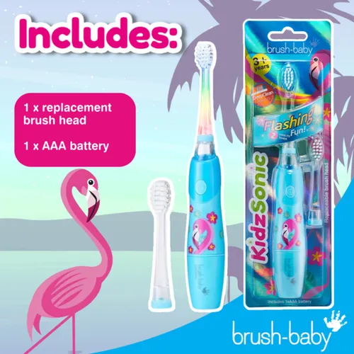 Brush-Baby | KidzSonic | Electrische Tandenborstel (vanaf 3 jaar) | Disco licht | Timer & Pulse | Flamingo | Lichtblauw | Incl. 2 opzetborstels en bat...