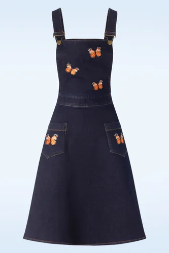 Butterfly Embroidery denim flare jurk in blauw