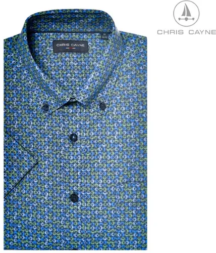 Chris Cayne heren overhemd - blouse heren - 1190 - blauw/groen print - korte mouwen