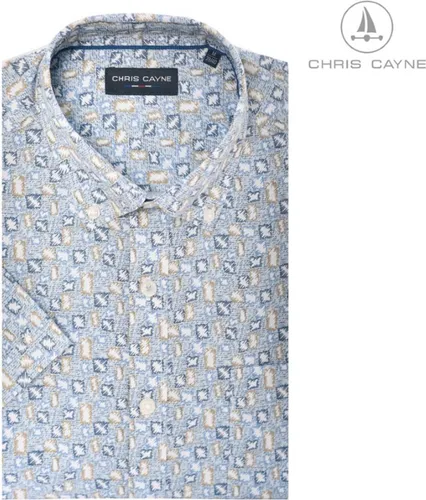Chris Cayne heren overhemd - blouse heren - 1228 - wit/blauw/beige print - korte mouwen