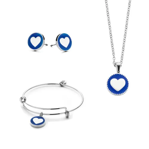 CO88 Collection Gift Set 8CO SET003 Sieraden Geschenkset - Armband, Collier en Oorknoppen met Hart - Zilverkleurig / Blauw