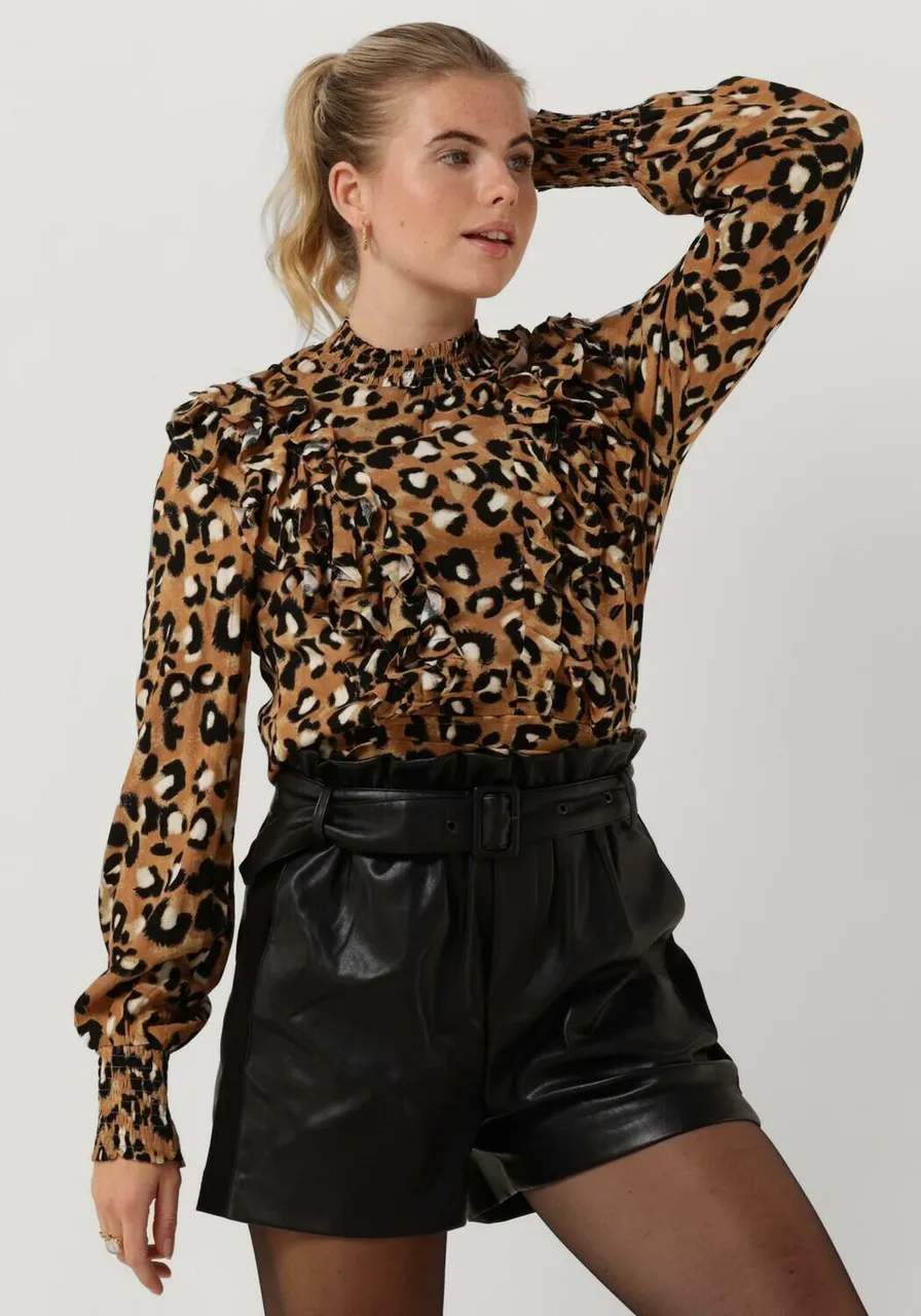 COLOURFUL REBEL Dames Blouses Bina Leopard Boho Ruffle Blouse - Bruin