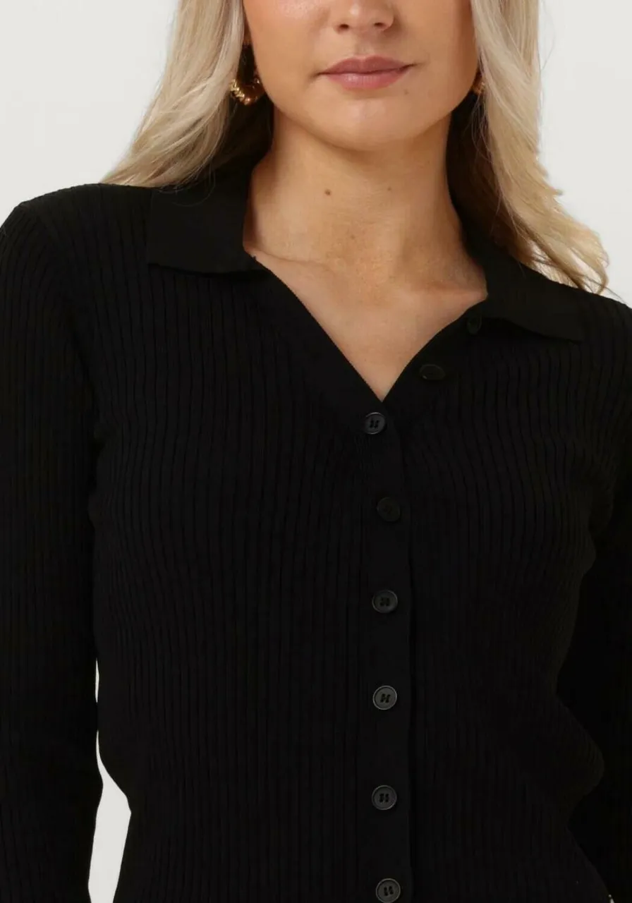 COLOURFUL REBEL Dames Tops & T-shirts Nori Fine Knit Cropped Longsleeve Polo - Zwart
