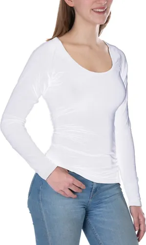 ConfidenceForAll® Dames Premium Anti Zweet Shirt met Ingenaaide Okselpads - Zijdezacht Modal en Verkoelend Katoen - Wit Lange mouw