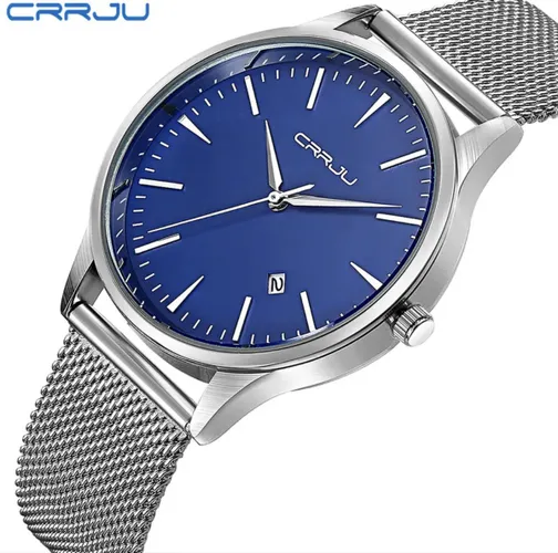 CRRJU Horloge - Zilverkleurig - Blauw - Dames - Heren - Analoog - Ø 35 mm - staal - Datumaanduiding