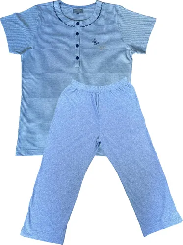 Dames Pyjama - Katoen - Zomer - 3/4 broek - Blauw Gestreept