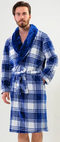 Dikke en warme blauw geruite herenbadjas- blauw XL